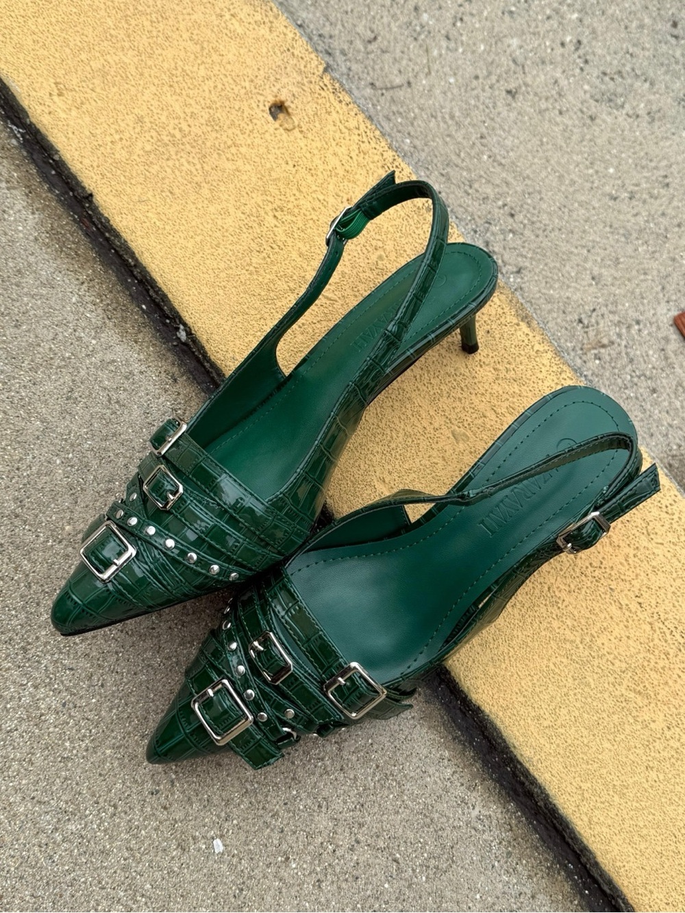 Azarayah Croc-Embossed Triple-Buckle Slingback Kitten Heel Pump